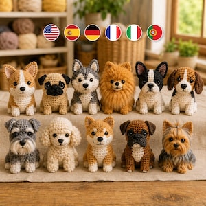 May include: A collection of twelve small, handcrafted crochet dog figurines arranged in two rows. The set includes various breeds such as a Corgi, Pug, Husky, Pomeranian, French Bulldog, Beagle, Schnauzer, Poodle, Shiba Inu, Boxer, and Yorkshire Terrier.