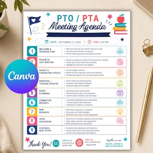May include: A printed PTO/PTA meeting agenda template featuring a numbered list from one to nine, colorful icons, and sections for welcome, budget, and event planning. The document includes a date and time header, a thank you note, and contact details.
