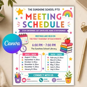 May include: A colourful flyer titled The Sunshine School PTO Meeting Schedule with rainbow text, a calendar, a clock, a stack of books with an apple, and a list of dates. The flyer includes contact information for email, phone, and website.