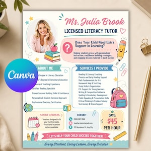 Editable Tutor Flyer Template, Summer Tutoring Services, Canva Template, Instant Download, Printable Educational Flyer