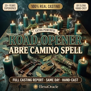 May include: A collection of teal pillar candles with lit wicks, metal keys, and a brass padlock arranged on a wooden surface. Text reads 20+ YEARS EXPERIENCE, 100% REAL CASTING, BY ELENA HAND-CAST, EXTRA POWERFUL, ROAD OPENER ABRE CAMINO SPELL, FULL CASTING REPORT - SAME DAY - HAND-CAST, and ElenaOracle.