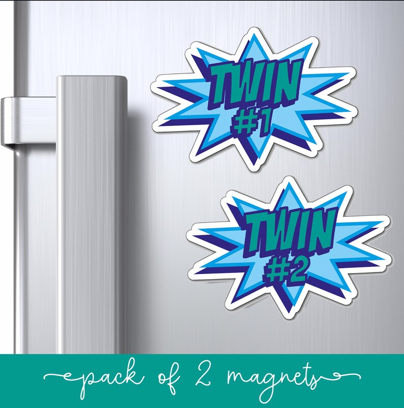 Gift for Twins 2 PACK Blue Comic Twin 1 and 2 Magnets