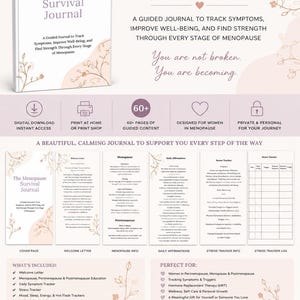 Peut inclure: Un journal guidé numérique intitulé The Menopause Survival Journal avec un design rose pâle et blanc. Il comprend des illustrations florales, des sections pour le suivi des symptômes, des affirmations quotidiennes et des journaux de stress.