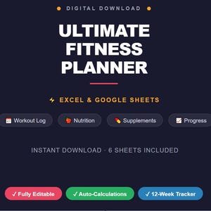 Könnte beinhalten: Ein digitaler Ultimate Fitness Planner für Excel und Google Sheets. Enthält ein Dashboard, Trainingsprotokoll, Ernährung, Nahrungsergänzungsmittel, Fortschritt und Erholung. 6 Blätter inklusive, vollständig bearbeitbar mit automatischer Berechnung.