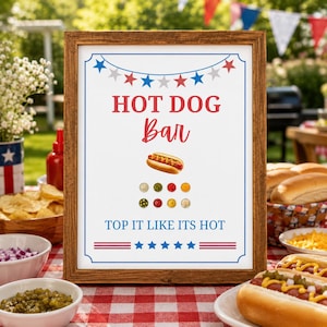 Instant Download 4th of July Hot Dog Menu Sign, Printable Hot Dog Toppings, Patriotic, Non-Editable PDF, 8x10 & 5x7