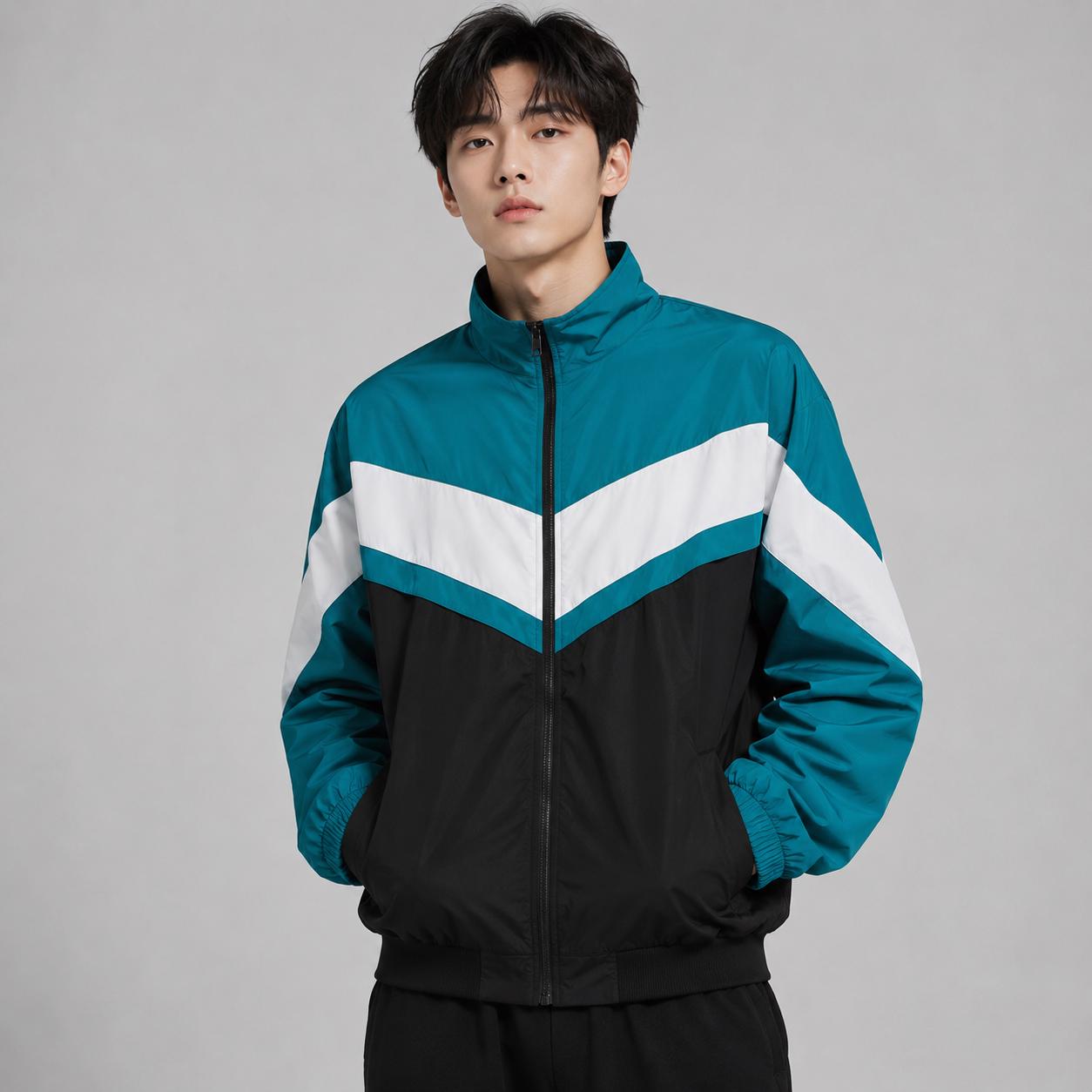 Retro Color Block Windbreaker Jacket, Teal White Black Korean Streetwear Coat