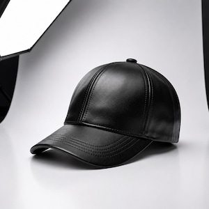 May include: A black baseball cap constructed from a smooth, leather-like material. The cap features a structured six-panel crown with a central button at the top and a curved brim with visible tonal stitching detail along the edge of the visor.