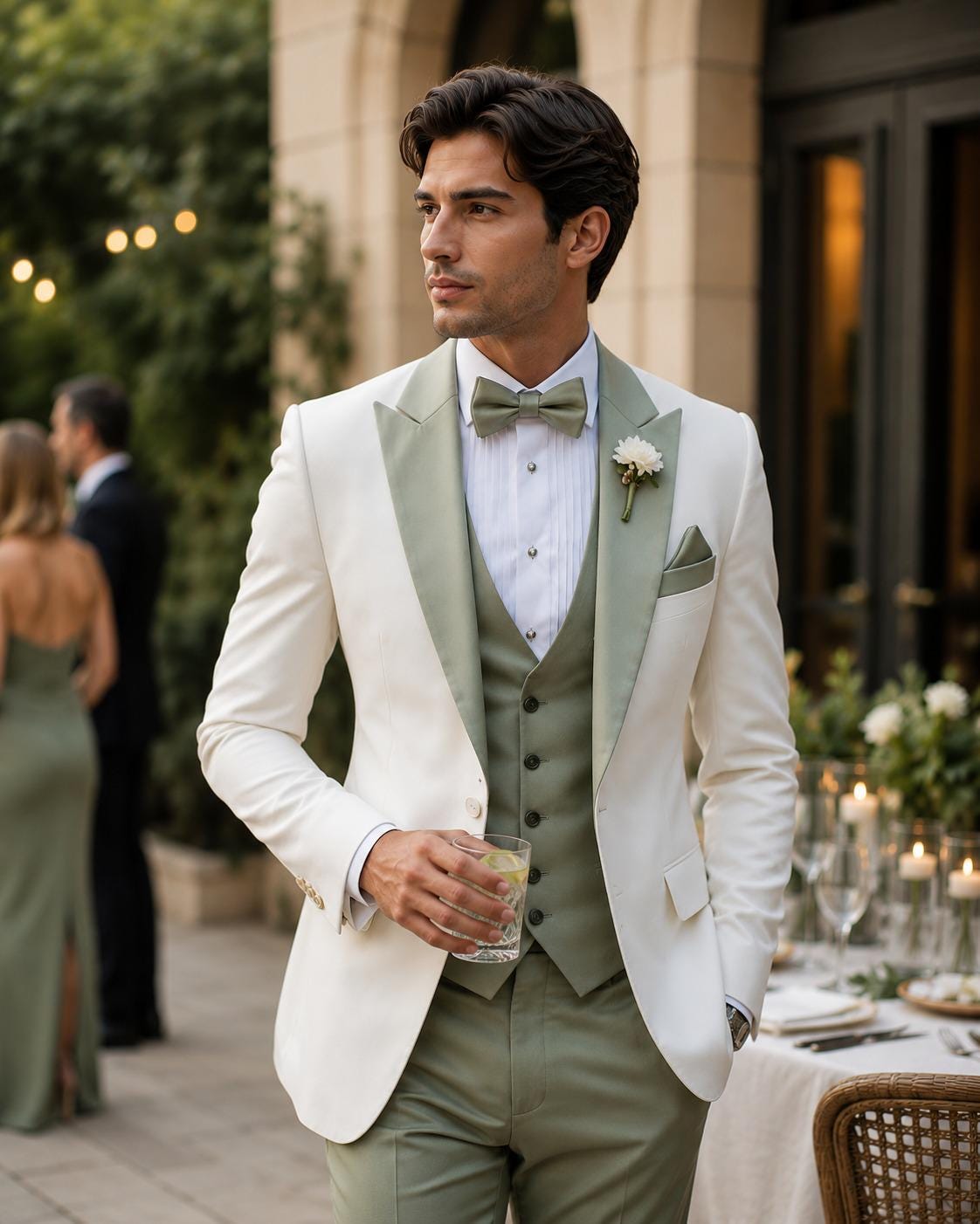 green and white dress code Men's Sage 3-piece Wedding Suit, Slim Fit Tuxedo Ensemble green and white outfits for ladies