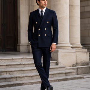 Puede incluir: Un traje azul marino de doble botonadura con botones dorados, combinado con pantalones azul marino a juego, una camisa blanca de cuello rígido, una corbata oscura y zapatos de vestir de cuero negro, creando un conjunto formal.