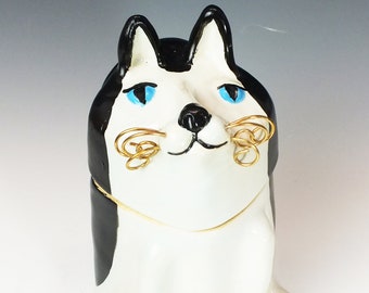 Black Tuxedo Cat Jar, OOAK Handmade, Cannister, Ceramic with brass whiskers