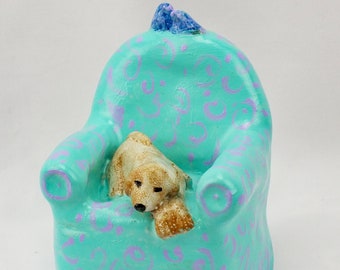 Overstuffed Chair with Sleeping  Labrador Dog and 2 Birds, OOAK Handmade Made from Clay