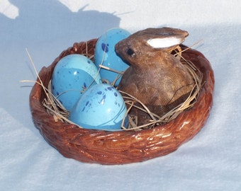 Rabbit's Nest with Blue Eggs,OOAK, Ceramic,  Handmade, Easter Bunny, spring, assemblage, mixed media