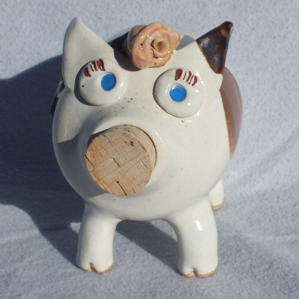 Piggy Bank with Eyelashes and Pink Rosebud, Handmade OOAK Art