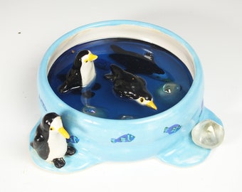 Penguin Kiddie Swimming Pool, OOAK, handmade OOAK ceramic Sculpture