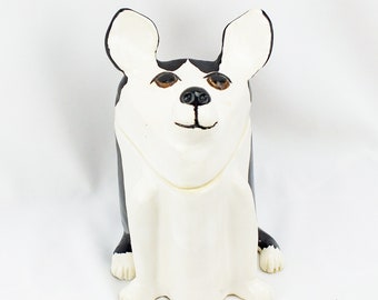 Chihuahua Dog Jar, ceramic triangular canister Handmade OOAK, Black and White