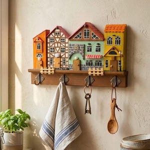 May include: A wall-mounted wooden coat rack featuring four metal hooks and a decorative row of four miniature houses in orange, white, brown, green, and yellow. A striped kitchen towel hangs from one hook, with keys and a wooden spoon on others.