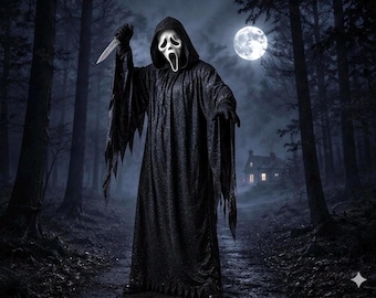 Błyszczący zestaw szaty i maski Ghostface – kostium cosplay z filmu Krzyk.