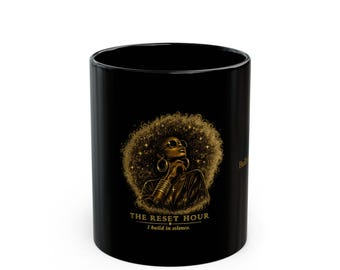 Black Ceramic Mug | Gold Afro Woman Illustration, Affirmation Gift