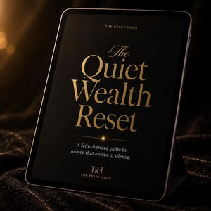 May include: A digital tablet displaying a black cover with gold text that reads The Reset Hour, The Quiet Wealth Reset, A faith-forward guide to money that moves in silence, and TRH The Reset Hour. The screen features a centred gold star icon.