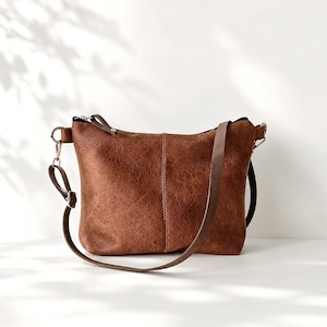 Medium Vegan Leather Crossbody Bag, Cognac Brown Shoulder Purse with adjustable strap, Casual everyday women's bag