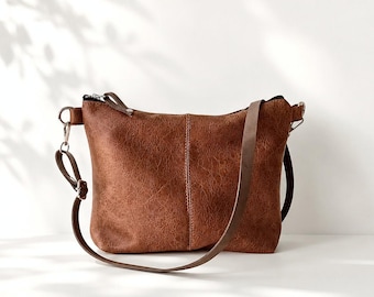 Medium Vegan Leather Crossbody Bag, Cognac Brown Shoulder Purse with adjustable strap, Casual everyday women's bag