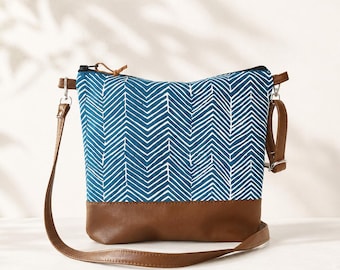 Large Teal Blue Geometric print Crossbody Bag: Vegan Leather & Canvas Everyday Purse