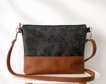Medium Vegan Leather Crossbody Bag – Black & Caramel Brown Hobo Shoulder Purse