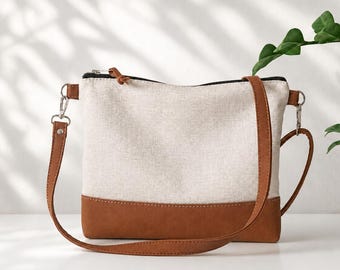 Beige crossbody bag: Vegan Leather & Canvas Minimalist Shoulder Purse