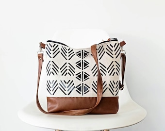 Geometric Canvas & Vegan Leather Crossbody bag, Aztec Boho Shoulder Purse