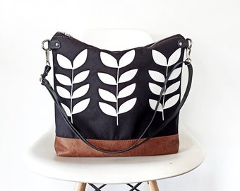 Large crossbody hobo purse, Canvas and leather bag, Crossbody bag, Leaf print, Black purse, Hobo style bag, Canvas and vegan leather purse