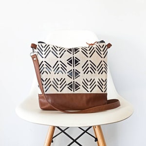 Canvas and leather crossbody bag with geometric print, Large medium crossbody purse, Tribal boho bag, Shoulder bag, Canvas Hobo crossbody image 1