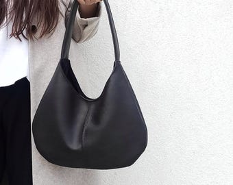 Black Hobo Bag: Vegan Leather Shoulder Purse, Minimalist Japandi