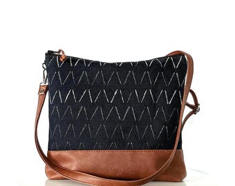 Large Canvas and Vegan Leather Crossbody Bag: Handmade Geometric boho Shoulder Hobo Purse