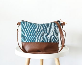 Geometric print crossbody purse, Teal blue bag, Canvas and vegan leather bag, Everyday Purse, Gift , Shoulder bag