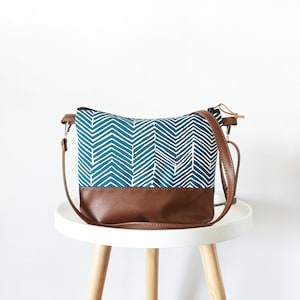 Geometric print crossbody purse, Teal blue bag, Canvas and vegan leather bag, Everyday Purse, Gift , Shoulder bag