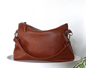Handmade Brown Leather Hobo Shoulder Bag: Pebbled Full Grain Medium Purse