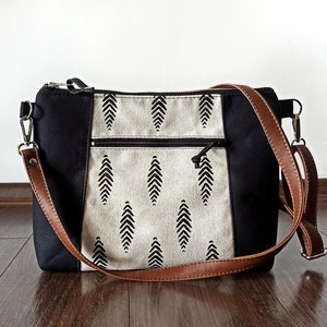 Sac bandoulière en toile et cuir végétalien, sac à main bandoulière moyen, sac à bandoulière