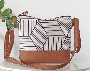 Linen Crossbody bag: Geometric print Vegan Leather Shoulder Purse