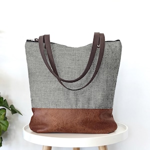 Große Einkaufstasche in grau und cognac braun, große Schultertasche, Laptoptasche, neutrale Farben Tasche, große Handtasche, lässige Einkaufstasche