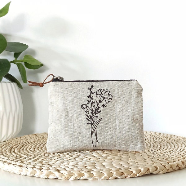 Birth month flower personalized pouch with name, Custom purse, Bridesmaid gift, Zippered pouch, Gift for her, Linen pouch, Natural material