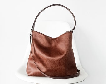 Medium Hobo Vegan Leather bag: Crossbody Shoulder bag, Cognac brown Bucket bag with Leather Straps