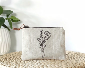 Birth month flower personalized pouch with name, Custom purse, Bridesmaid gift, Zippered pouch, Gift for her, Linen pouch, Natural material