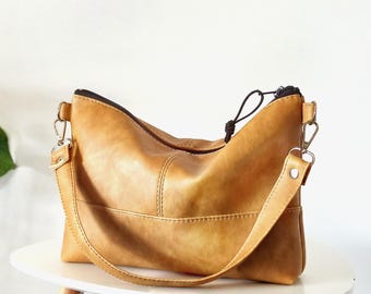 Mustard Yellow Vegan Leather Shoulder Bag: Minimalist Top Handle Purse
