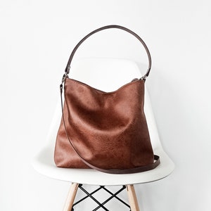 Medium Hobo Vegan Leather bag: Crossbody Shoulder bag, Cognac brown Bucket bag with Leather Straps