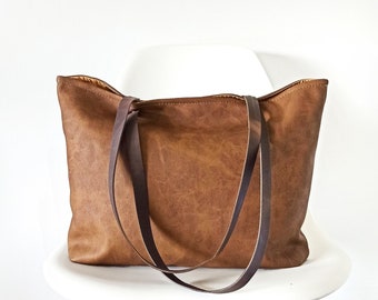 Cognac Brown Vegan Leather Tote: Minimalist Oversized bag with Leather straps