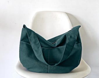 Large Canvas Hobo Bag: Dark Green Slouchy Shoulder Purse, Comfortable Shoulder Strap