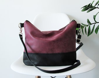 Plum Vegan Leather Large Crossbody Bag: Everyday Hobo Purse with leather strap, Two-tone