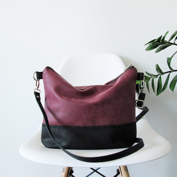 Plum Vegan Leather Large Crossbody Bag: Everyday Hobo Purse with leather strap, Two-tone