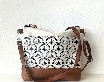 Medium Canvas & Vegan Leather Crossbody Bag: Boho Shoulder Hobo Purse with front pockets