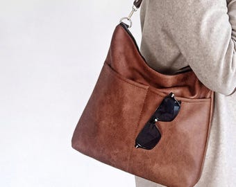 Brown Vegan Leather Hobo Bag: Large Shoulder Slouchy Purse with Pockets & Cowhide Strap